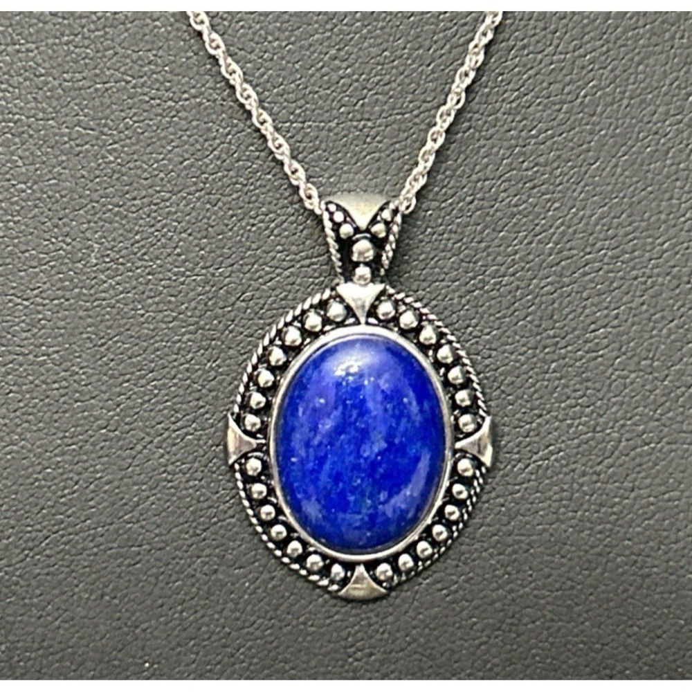 Vintage ATI Sterling Silver 925 Lapis Lazuli Pendant Necklace 18" L Rope Chain